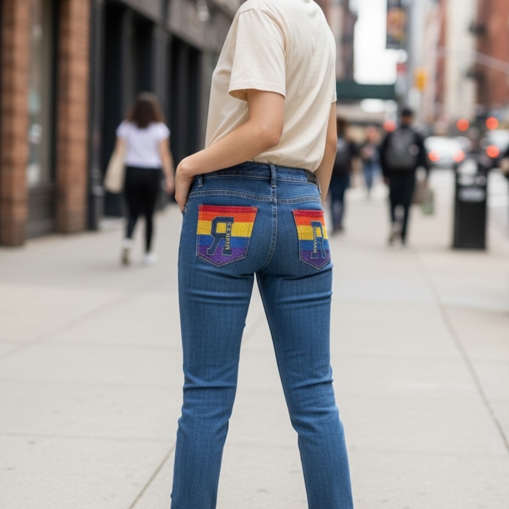Rocawear Blue Skinny Jeans with Rainbow Pocket‎ Panels Y2K